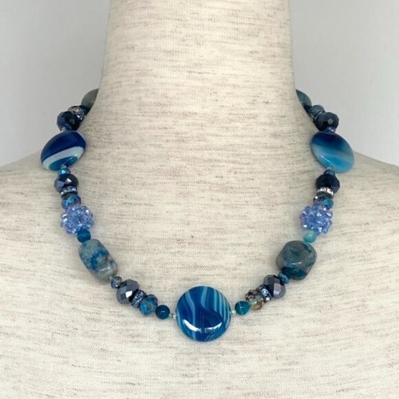 Sterling Silver 925 Blue Dyed Banded Agate & Chrysocolla Quartz Beaded Necklace - Picture 12 of 16